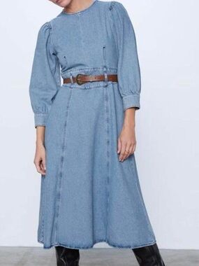 ZARA • Denim Belted Midi Western Dress Size Small
